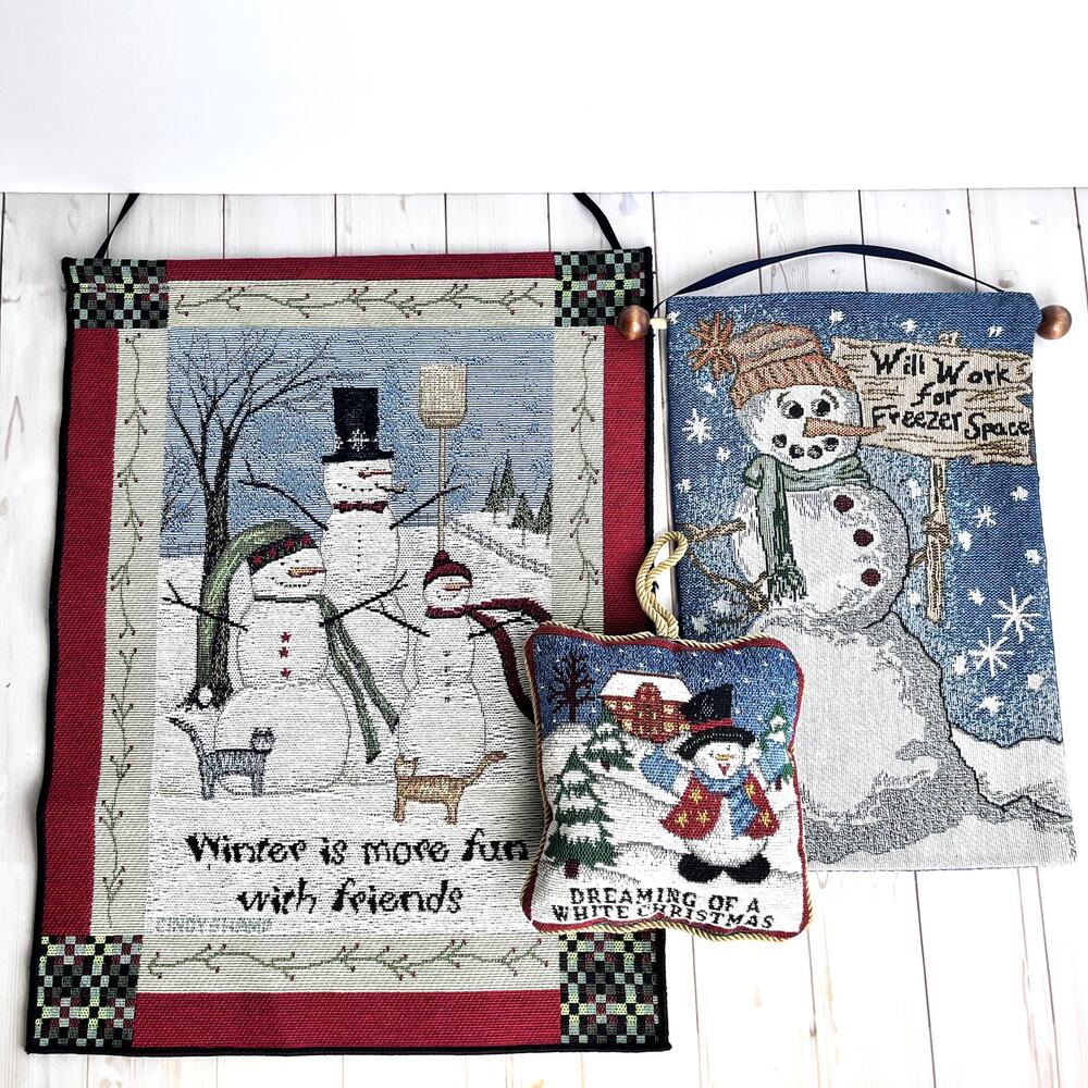 Vintage Tapestry Snowman Theme Tapestry Wall Hangings & Mini Pillow Lot Mismatch